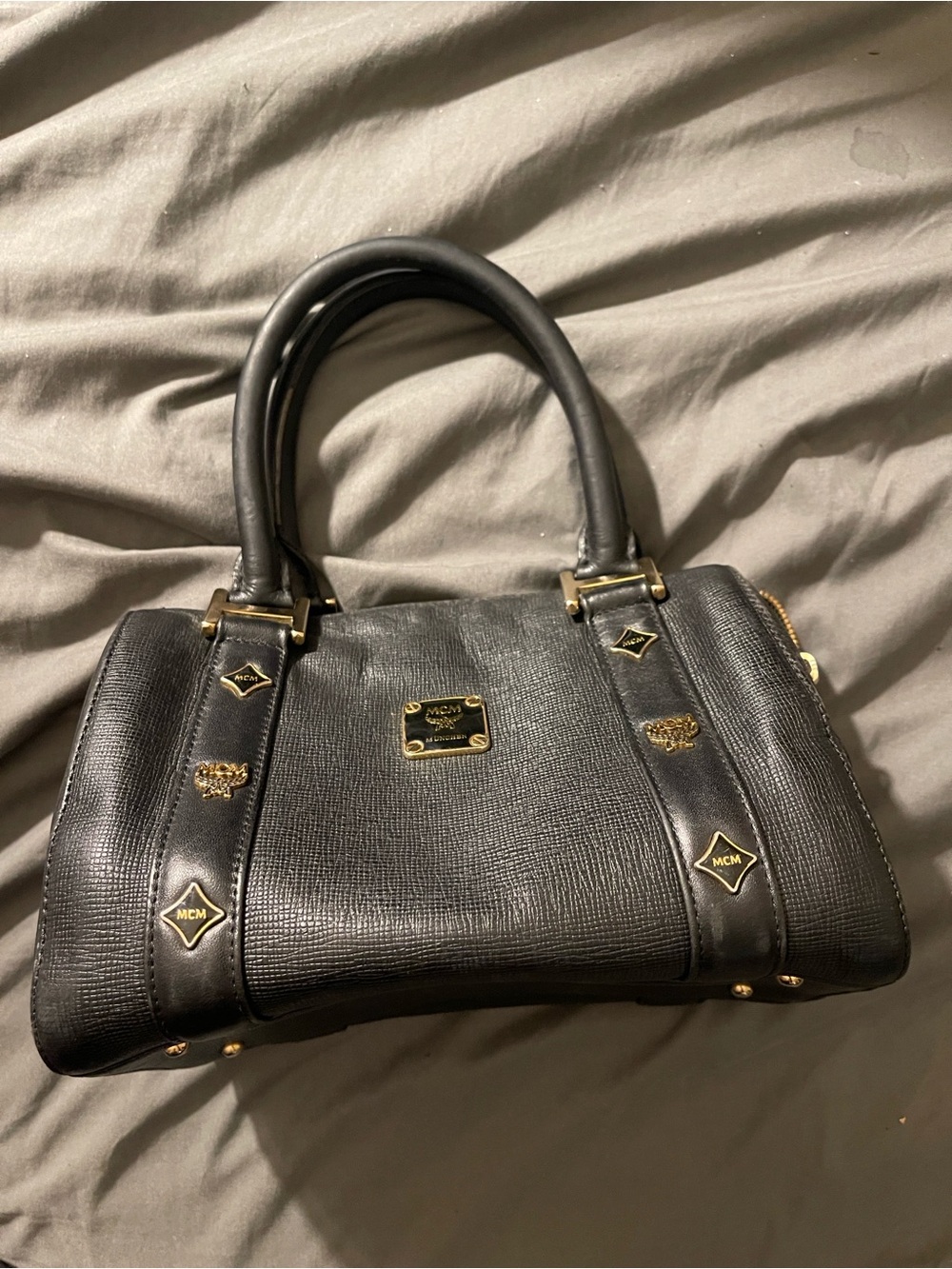 MCM Black Leather Bowling Satchel with Gold Hardware